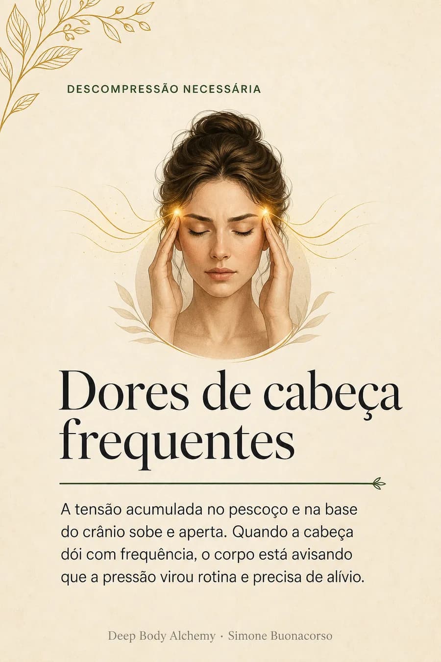 Post ilustrado com uma figura pressionando as têmporas e o título Dores de cabeça frequentes, seguido de texto explicativo